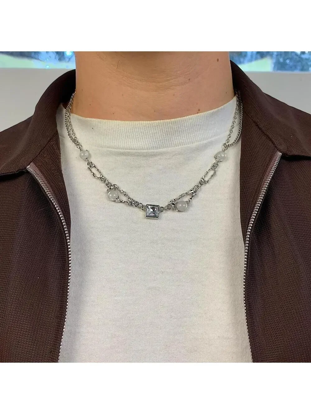 Cyber y2k 2000s style Glass style Opal futuristic necklace. 18.5-20.5 inches len